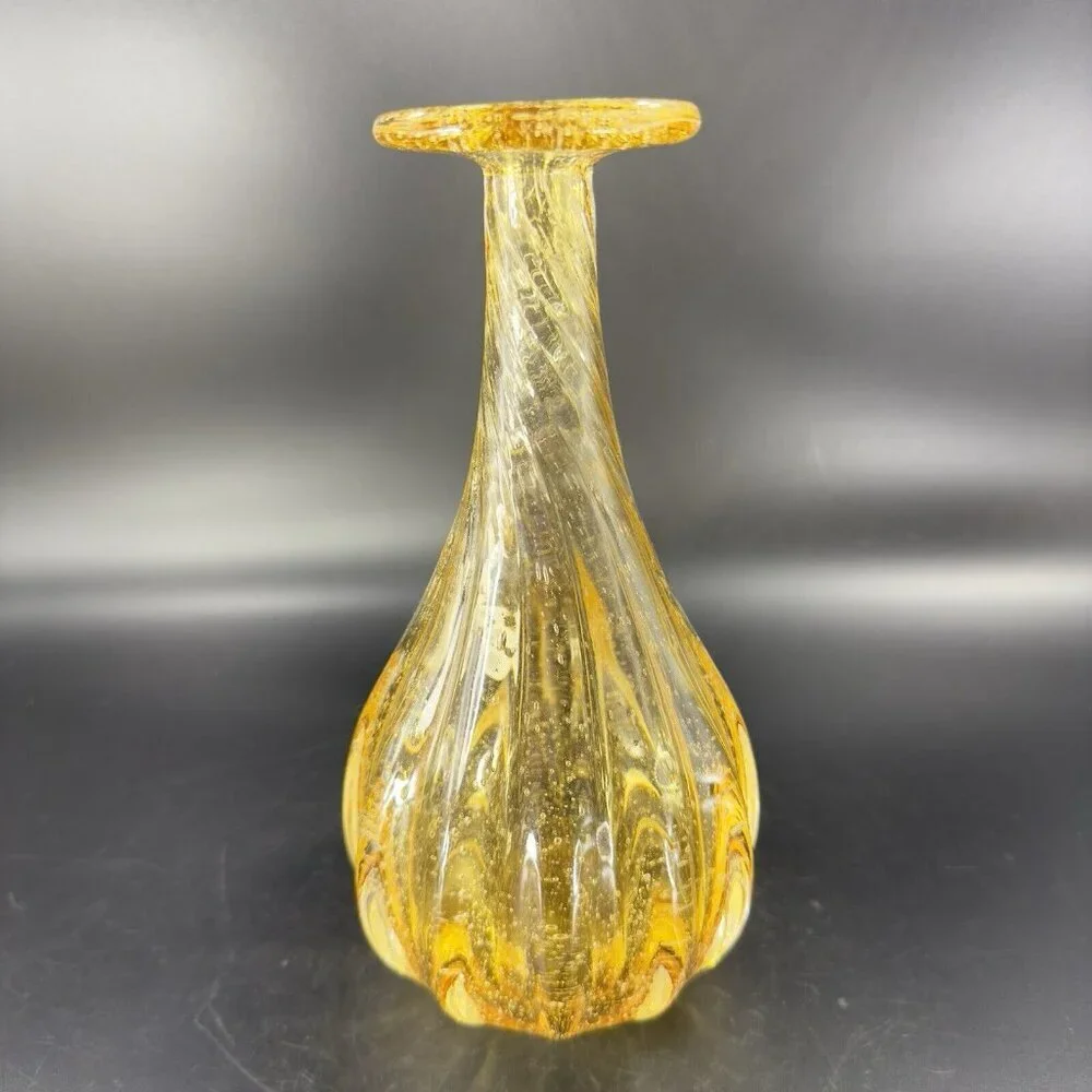 Art Glass Vase Yellow With Twisted Top Small Air Bubbles All Over Glass Vase VTG